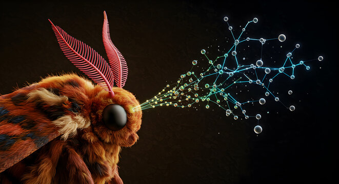 Moth antennae sensing pheromones visual representation with interconnected dots