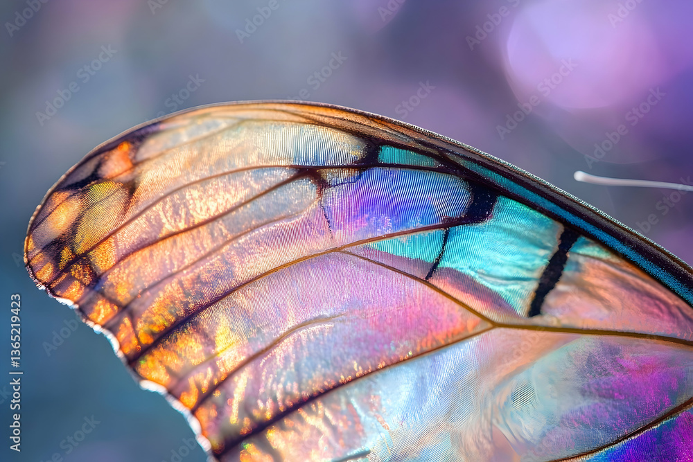 Poster close-up of a butterfly wing with vibrant colors and intricate patterns, emphasizing its delicate be