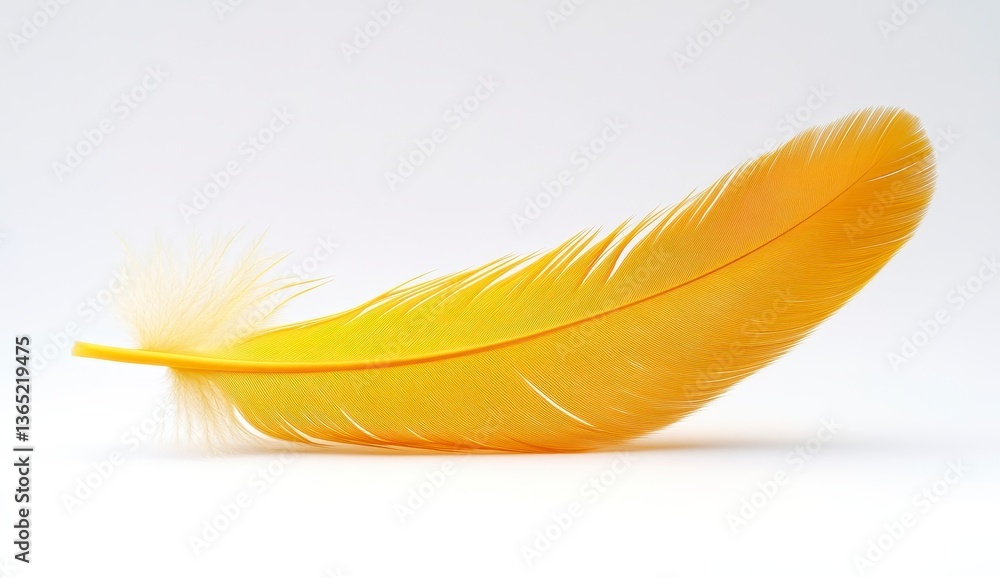 Poster detailed macro shot of a single bright yellow feather with intricate patterns on a white background 
