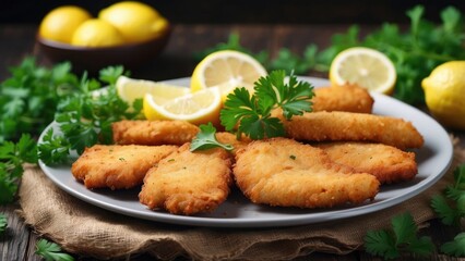Fototapeta premium A plate of crispy, golden-brown breaded chicken cutlets garnished with fresh parsley and served with lemon slices.