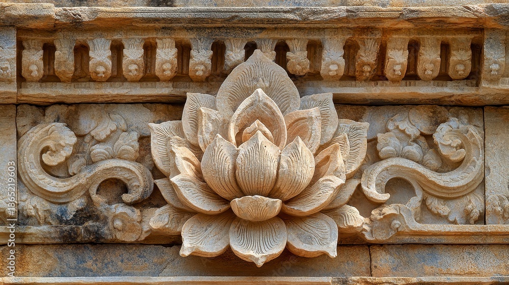 Poster detailed stone carving of floral design on an ancient wall with intricate patterns ornamental archit