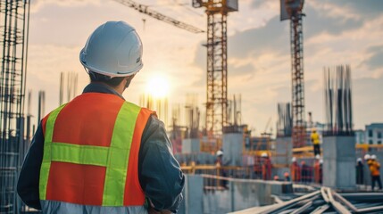 An AI powered construction site safety monitoring system, analyzing site conditions and identifying potential hazards in real time, Construction tech style