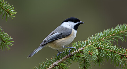 Fototapeta premium Mountain chickadee perched gracefully upon coniferous foliage in natural light