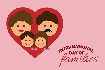 Day of Families vector art. Red heart with face symbols of parents and children, representing unity and love. Day of Families awareness campaign.