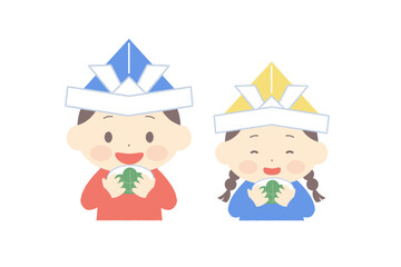 柏餅を食べる兜を被った男の子と女の子