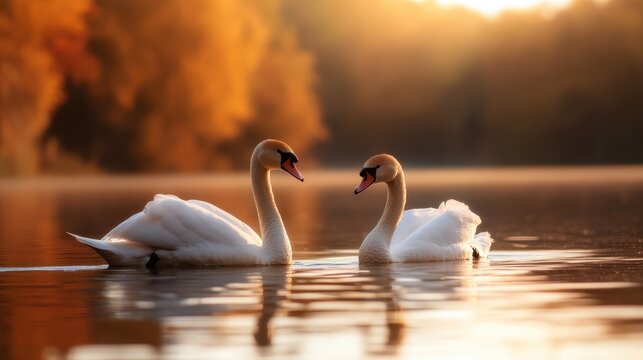 A charming duo of swans swims gracefully in the shimmering water, illuminated by the warm golden light of autumn, bringing a sense of peace and tranquility to the scene.