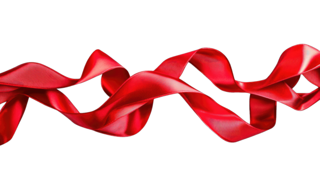a vibrant red ribbon gracefully twists and turns against a clean
