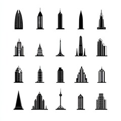 Collection of modern skyscraper silhouettes.  Various architectural styles, including high-rises, towers, and angled structures, are depicted in a simple, black-and-white style