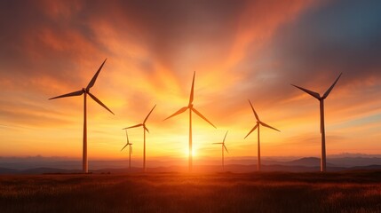 A panoramic view of multiple wind turbines against a dramatic sunset background, emphasizing the importance of renewable energy and its coexistence with nature.