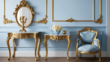 Elegant Gold Furniture Interior Design with Mirror and Armchair on Blue