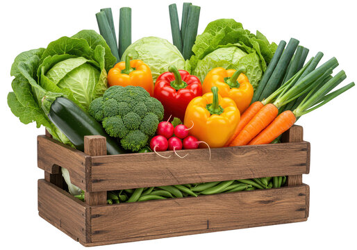 A rustic wooden crate filled with a colorful assortment of fresh vegetables isolated on transparent background