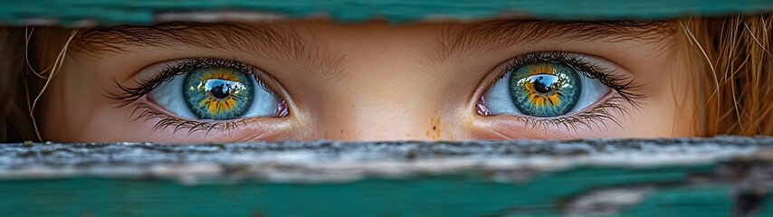 Fototapeta premium A close up photograph features beautiful blue eyes peering through the slats