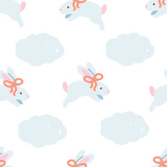 Cute Bunnies with Bows and Clouds Pattern