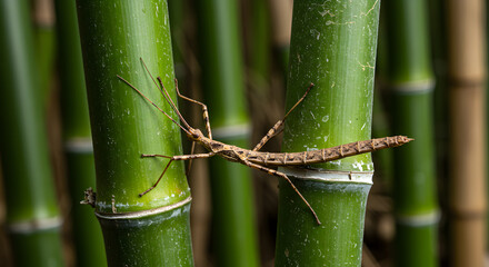 Fototapeta premium Master of disguise: A stick insect perfectly camouflaged on bright green bamboo stems