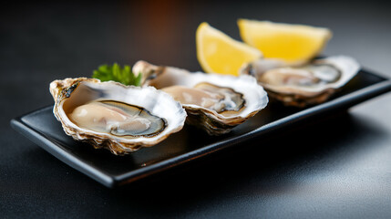 鮮やかなレモンが添えられた生牡蠣料理 | 黒皿の演出