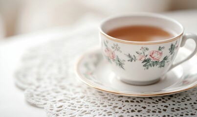 A charming floral tea cup sits on a delicate white lace doily, inviting a moment of serenity and warmth.