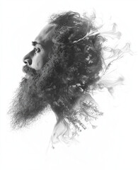 Black and White Double Exposure Portrait of Bearded Man with Abstract Cloud Pattern