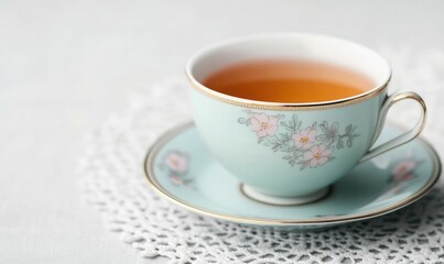 Fototapeta premium A dainty floral teacup filled with warm tea sits gracefully on a lace doily, inviting a moment of serenity.