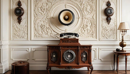 Vintage Interior with Speaker Cabinet and Antique Telephone on Ornate Wall