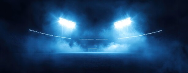 Empty stadium under bright lights, misty atmosphere