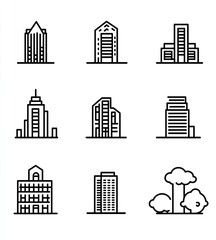 Simple line art illustrations of various buildings and a tree