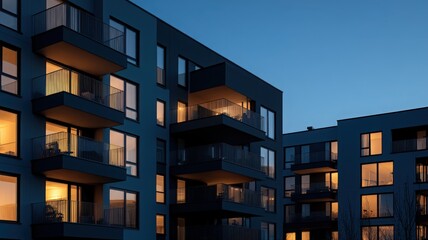 Modern Apartment Building at Night with Illuminated Windows