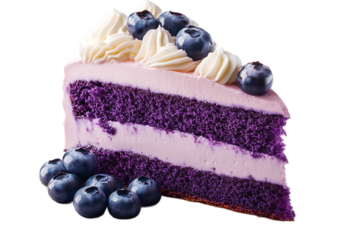 A slice of purple cake with blueberries and white frosting on top in a studio shot close up view