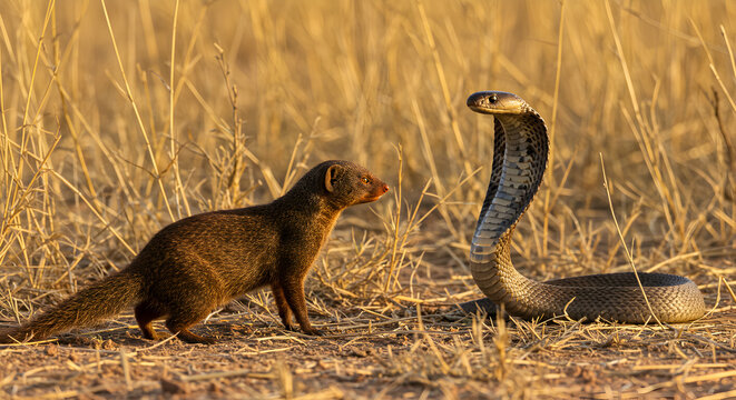 Intense standoff between mongoose and cobra in arid grassland landscape