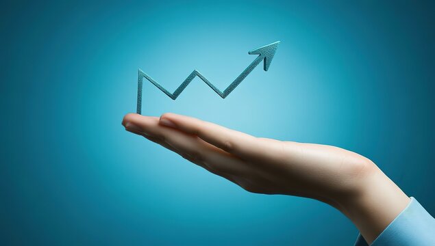 Hand holding a rising graph of the stock market or business growth with an arrow pointing up and a line chart on a blue background. Concept for a financial vista. Photo taken with hyper-realistic.