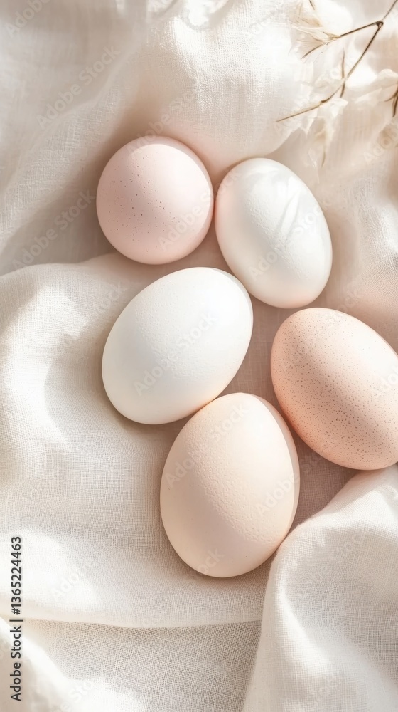 Poster assorted eggs resting softly on a light fabric background with delicate floral accents in a natural 