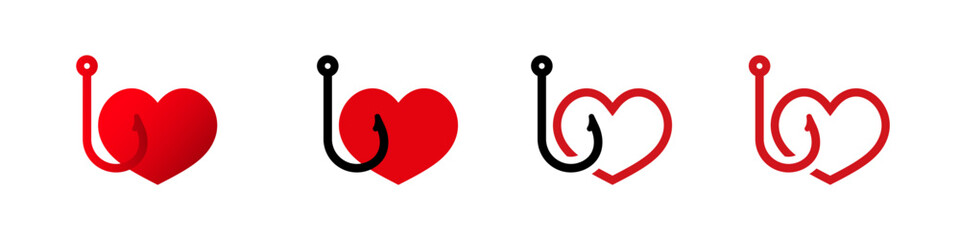 four red heart shapes combined with black fishing hooks, representing themes of love and attraction.