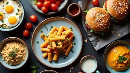 Delicious food pasta eggs burgers vibrant colors