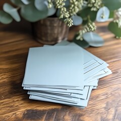 Fototapeta premium Light blue cards stacked table floral background
