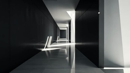 Architectural minimalism at its finest, showcasing a black and white hallway with dramatic lighting and geometric shapes