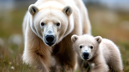 Fototapeta premium A polar bear and its cub are spotted walking through a beautiful green landscape, exemplifying the bond of family in the natural habitat of these majestic creatures.