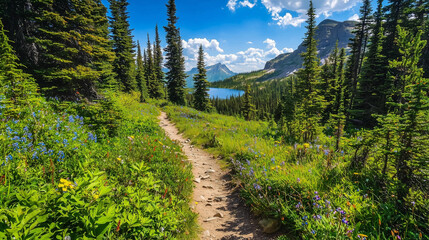 Fototapeta premium Lush hiking trail through vibrant wildflower fields in a scenic mountain landscape