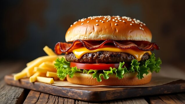 Juicy bacon cheeseburger with fries rich tones