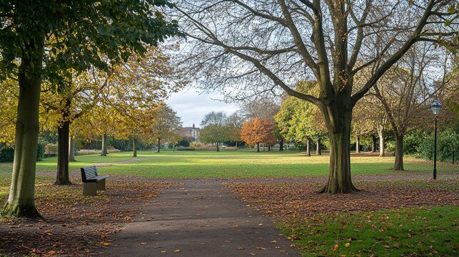 Serene autumn park scene with a solitary bench under the golden canopy of trees, bathed in soft sunlight.