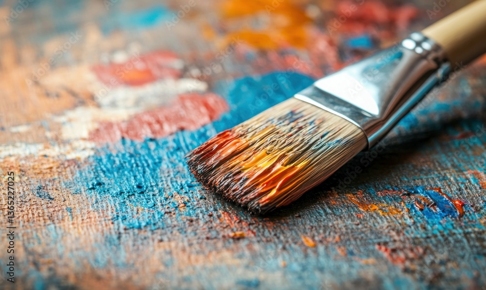 Poster a paintbrush loaded with vibrant paint rests on a canvas splashed with colorful hues and artistic ex