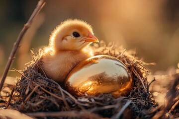 Fluffy yellow chick sits near a golden egg in a cozy nest, bathed in sunlight. Ideal for illustrating financial success, new beginnings, or Easter themes.
