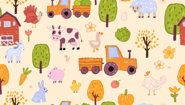Fototapeta Kids farm seamless pattern, hand drawn animal color pencil wallpaper, vector village naive print. Nursery doodle cartoon textile wax crayon texture cute rabbit, cow, chicken. Kids pattern linen design