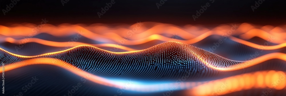 Poster 3d blue orange abstract with digital connections and lines, dots representing digital binary data. c