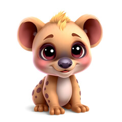 Naklejka premium Hyena – 3D baby hyena, round fluffy ears, chubby body, big playful eyes, pastel brown and purple tones, white background. Generative AI