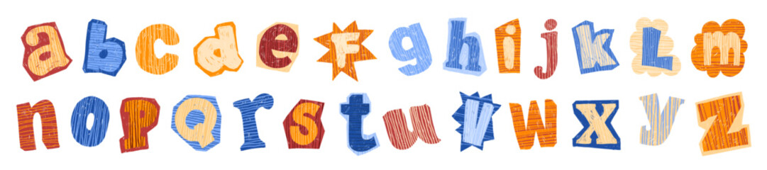 Funky kids alphabet, vector hand drawn childish collage font scribble colorful pencil texture letter. Playful nursery typography print, comic education kindergarten rudiments type. Kids alphabet art © Oleksandra