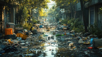 Obraz premium Overgrown Alleyway, Urban Garbage, Flooding, Sunlight Peeking Through Trees