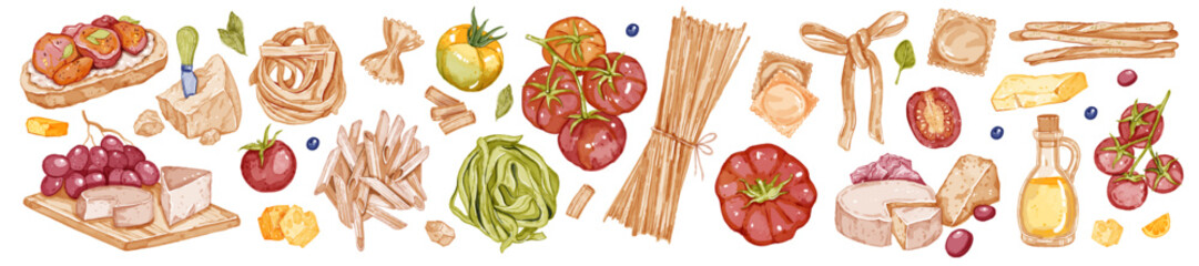 Italian pasta watercolor illustration set, vector hand drawn food clipart, farfalle spaghetti print. Cookery dinner ingredient, fresh tomatoes, cheese type, eatery menu design object. Italian pasta