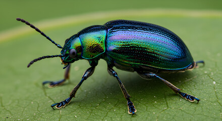 Iridescent Leaf Beetle Displaying Vivid Metallic Coloration on Green Leaf Surface