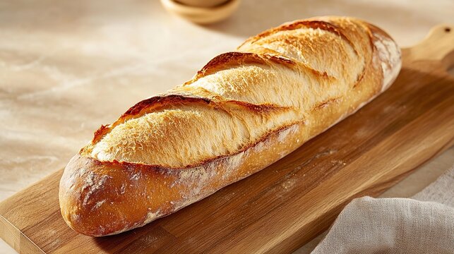 Freshly Baked Baguette on Wooden Cutting Board, Highlighting Artisanal Bread and Home Baking Concept. Perfect for Gourmet Food Blogs, Cooking Shows, and Bakery Promotions.