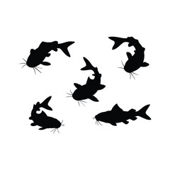 A vector illustration of a full black catfish silhouette sets on white background