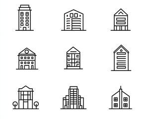 Fototapeta premium Collection of simple line art building icons. Various architectural styles and heights are depicted